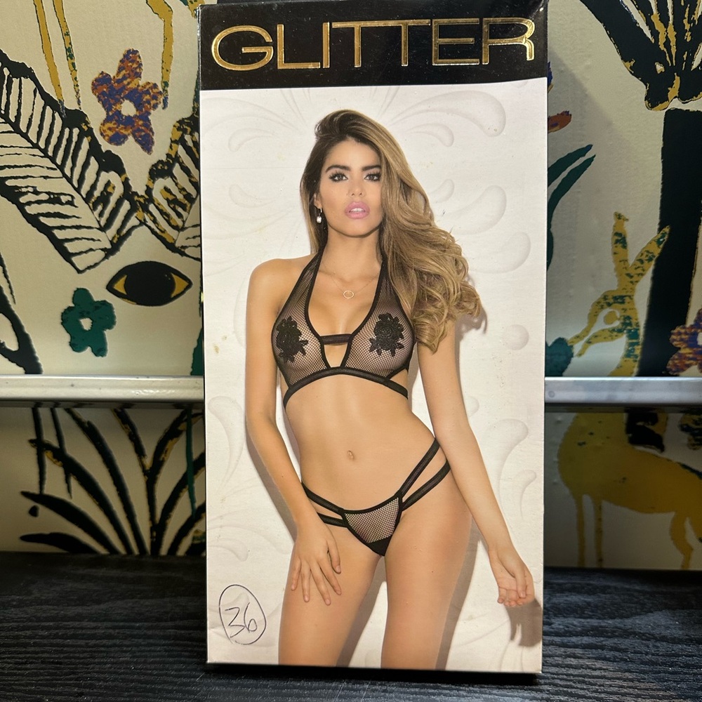 Glitter fishnet and Appliqué Black Lace Lingerie Set